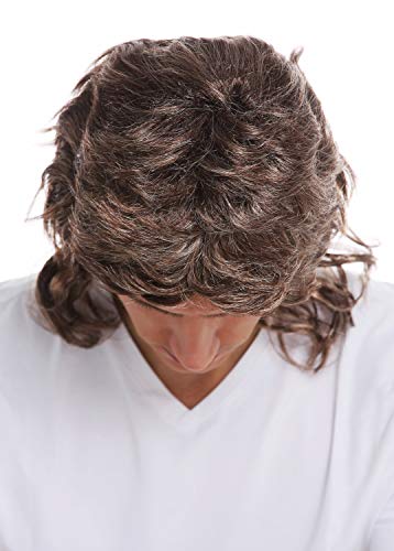 WIG ME UP- 31915-FRT34-66 Peluca Halloween Carnaval Hombres Mullet farru Pelo Ondulado Rizado los 80 castaño mechones rubios hasta los Hombros