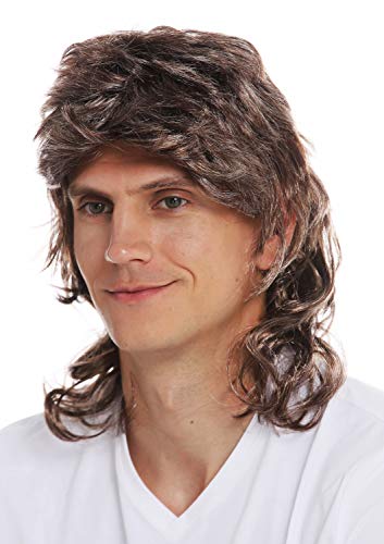 WIG ME UP- 31915-FRT34-66 Peluca Halloween Carnaval Hombres Mullet farru Pelo Ondulado Rizado los 80 castaño mechones rubios hasta los Hombros