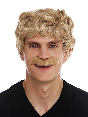 WIG ME UP- 69089-ZA82A Peluca Bigote Carnaval Hombres Corta rizada Ondulada los años 70 Cowboy Rubio