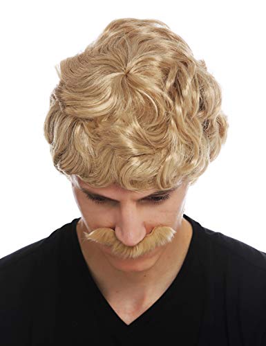 WIG ME UP- 69089-ZA82A Peluca Bigote Carnaval Hombres Corta rizada Ondulada los años 70 Cowboy Rubio