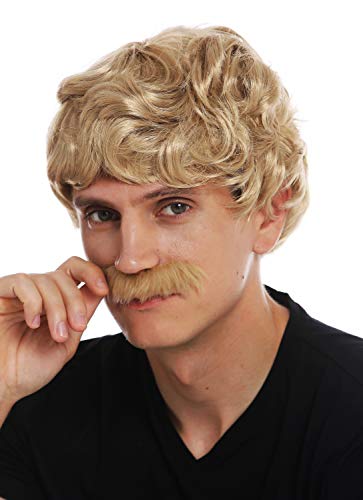 WIG ME UP- 69089-ZA82A Peluca Bigote Carnaval Hombres Corta rizada Ondulada los años 70 Cowboy Rubio