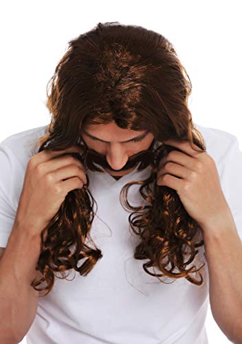 WIG ME UP- 70666-FR6-8 Peluca y Bigote Carnaval Hombres Larga Ondulada rizada castaña Edad Media Vikingo Bardo los 70 Hippie