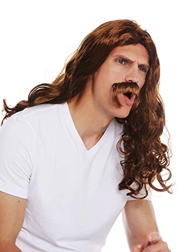 WIG ME UP- 70666-FR6-8 Peluca y Bigote Carnaval Hombres Larga Ondulada rizada castaña Edad Media Vikingo Bardo los 70 Hippie