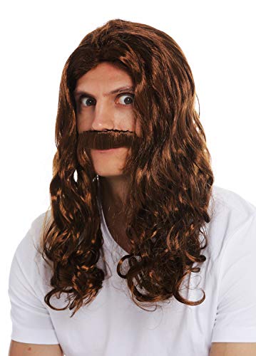 WIG ME UP- 70666-FR6-8 Peluca y Bigote Carnaval Hombres Larga Ondulada rizada castaña Edad Media Vikingo Bardo los 70 Hippie