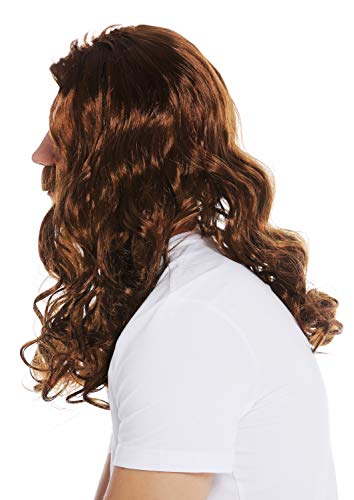 WIG ME UP- 70666-FR6-8 Peluca y Bigote Carnaval Hombres Larga Ondulada rizada castaña Edad Media Vikingo Bardo los 70 Hippie