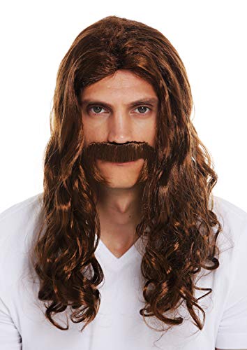 WIG ME UP- 70666-FR6-8 Peluca y Bigote Carnaval Hombres Larga Ondulada rizada castaña Edad Media Vikingo Bardo los 70 Hippie