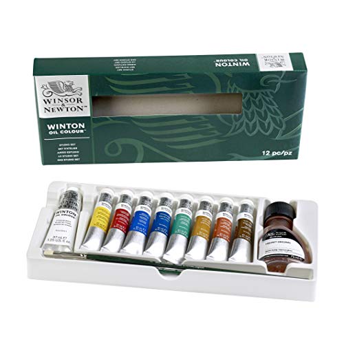 Winsor & Newton Winton - Set Studio de pinturas al óleo , 8 tubos de 21 ml colores surtidos + 1 blanco 37ml + 1 liquin 75ml + 2 pinceles Winton