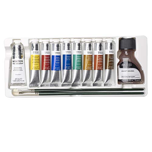 Winsor & Newton Winton - Set Studio de pinturas al óleo , 8 tubos de 21 ml colores surtidos + 1 blanco 37ml + 1 liquin 75ml + 2 pinceles Winton