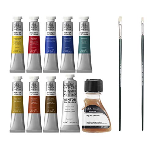 Winsor & Newton Winton - Set Studio de pinturas al óleo , 8 tubos de 21 ml colores surtidos + 1 blanco 37ml + 1 liquin 75ml + 2 pinceles Winton