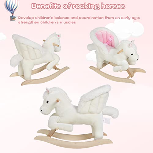 WOLTU Caballito Balancín Infantil de 18 a 36 Meses con Sonidos de Relinchos, Caballo de Juguete con Cinturón de Seguridad, Caballo Juguete Peluche con Asas, 70x32x57cm Blanco y Rosa KSF001