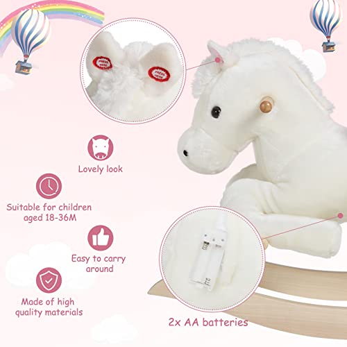 WOLTU Caballito Balancín Infantil de 18 a 36 Meses con Sonidos de Relinchos, Caballo de Juguete con Cinturón de Seguridad, Caballo Juguete Peluche con Asas, 70x32x57cm Blanco y Rosa KSF001