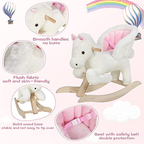 WOLTU Caballito Balancín Infantil de 18 a 36 Meses con Sonidos de Relinchos, Caballo de Juguete con Cinturón de Seguridad, Caballo Juguete Peluche con Asas, 70x32x57cm Blanco y Rosa KSF001