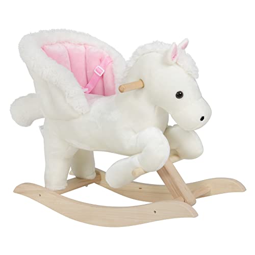 WOLTU Caballito Balancín Infantil de 18 a 36 Meses con Sonidos de Relinchos, Caballo de Juguete con Cinturón de Seguridad, Caballo Juguete Peluche con Asas, 70x32x57cm Blanco y Rosa KSF001