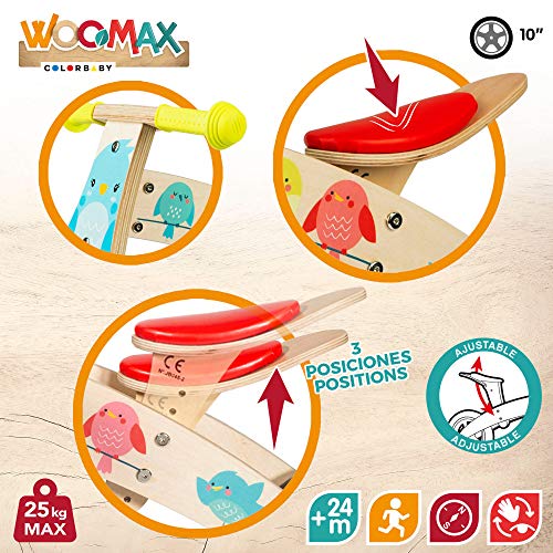 WOOMAX - Bici sin pedales madera, 74x35x45 cm, asiento regulable, diseño de pajaritos, bicicleta para niñas de 2 a 5 años, bicis iniciación, juguetes de madera, 25 Kg (85375)