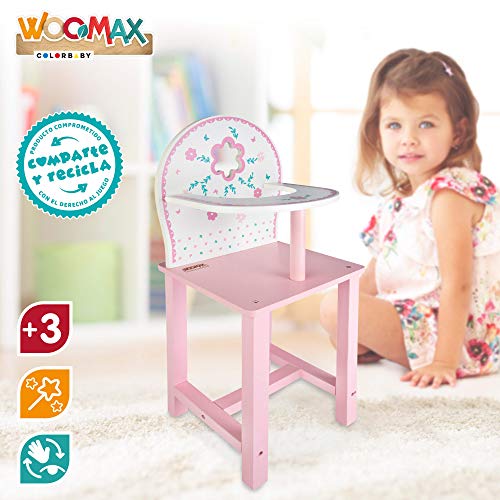 WOOMAX - Trona de madera para muñecas WOOMAX, trona bebe juguete, 25x20x55 cm, para muñecas 30-40, rosa y blanco, trona de madera muñecas juguetes, + 3 años cm, (46476)