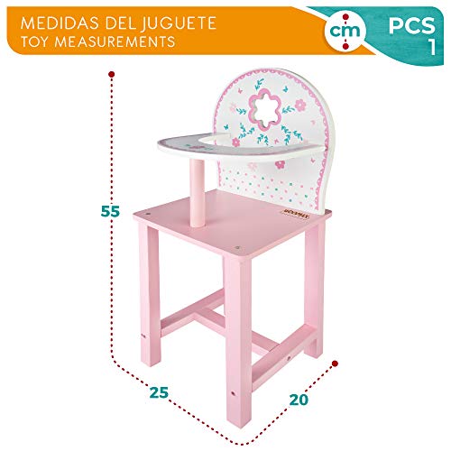 WOOMAX - Trona de madera para muñecas WOOMAX, trona bebe juguete, 25x20x55 cm, para muñecas 30-40, rosa y blanco, trona de madera muñecas juguetes, + 3 años cm, (46476)