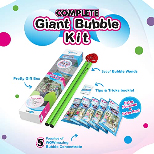 WOWMAZING Kit Plus de Grandes Pompas - Gran Valor - Incluyendo Grandes Pompas Varitas y Solución Concentrada de Burbujas Gigantes (Hace 4 litros de Pompas Grandes)