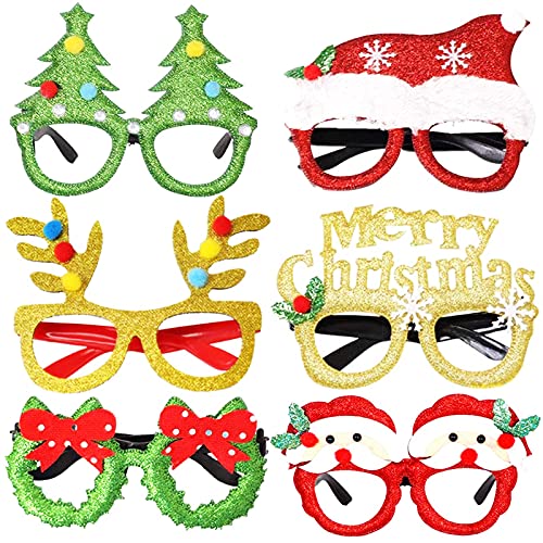 WTpin 6 Piezas Marco de Gafas de Navidad, Creativas Navidad Gafas de Disfraces, Marco de Gafas con Brillo Navideño, Gafas de Navidad de Novedad, para Niños y Adultos Fiesta de Navidad