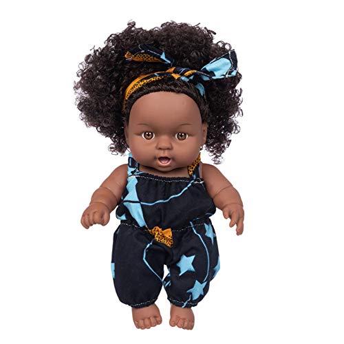 XAJ Muñeca de simulación para bebé, 20 cm, de Vinilo, Impermeable, Realista, Suave, Piel Negra, para niños, educación temprana,Lindo Cabello Rizado Regalos para niños muñeco Bebe