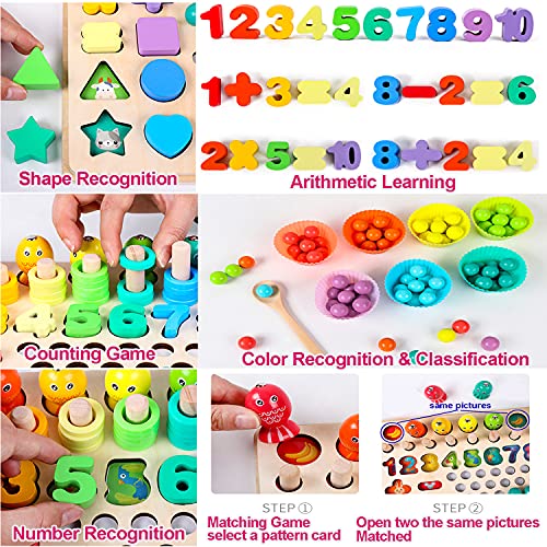 XINNIAN Montessori Juguete Educativo,13 EN 1 Juguetes de Madera Pesca Puzzle Juego de Mesa Cuentas de Clip Juegos Educativos Regalos para Niños 3 4 5 6 Años,Juegos Montessori Matematicas Puzzle