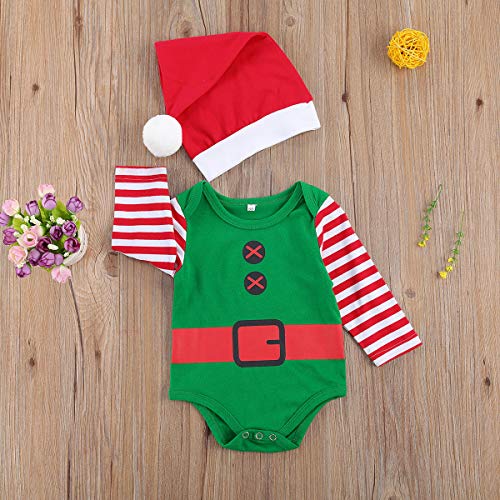 XIXIMAON Bebé Conjunto de Navidad para Recién Nacido 2 Piezas Traje Navideño de Niño Pequeño 0-1 Año Top Mameluco de Manga Larga con Botones + Gorro (3-6 Meses, Verde)