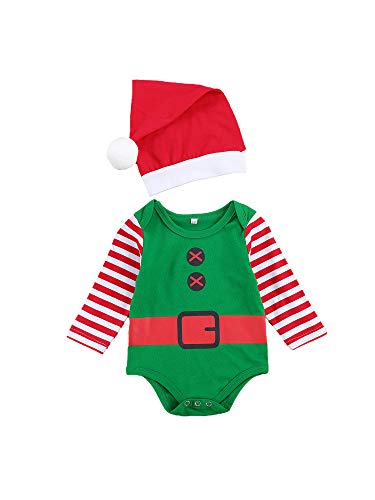 XIXIMAON Bebé Conjunto de Navidad para Recién Nacido 2 Piezas Traje Navideño de Niño Pequeño 0-1 Año Top Mameluco de Manga Larga con Botones + Gorro (3-6 Meses, Verde)