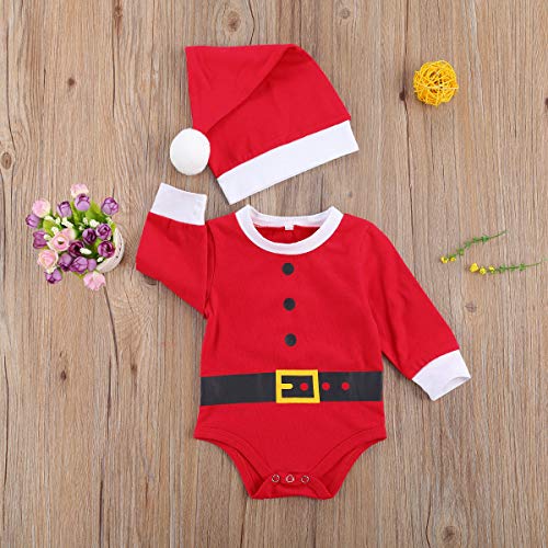 XIXIMAON Bebé Conjunto de Navidad para Recién Nacido 2 Piezas Traje Navideño de Niño Pequeño 0-1 Año Top Mameluco de Manga Larga con Botones + Gorro (9-12 Meses, Rojo)