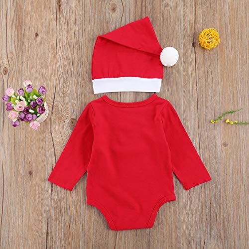 XIXIMAON Bebé Conjunto de Navidad para Recién Nacido 2 Piezas Traje Navideño de Niño Pequeño 0-1 Año Top Mameluco de Manga Larga con Botones + Gorro (9-12 Meses, Rojo)