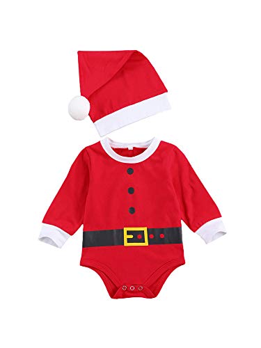 XIXIMAON Bebé Conjunto de Navidad para Recién Nacido 2 Piezas Traje Navideño de Niño Pequeño 0-1 Año Top Mameluco de Manga Larga con Botones + Gorro (9-12 Meses, Rojo)