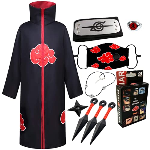 YEAJION Naruto Ropa de Disfraz Accesorios de fiesta de Halloween Carnaval Cumpleaños Naruto Akatsuki Uchiha Itachi Niño Adulto Unisex Accesorios de ninja Conjunto de equipo XS