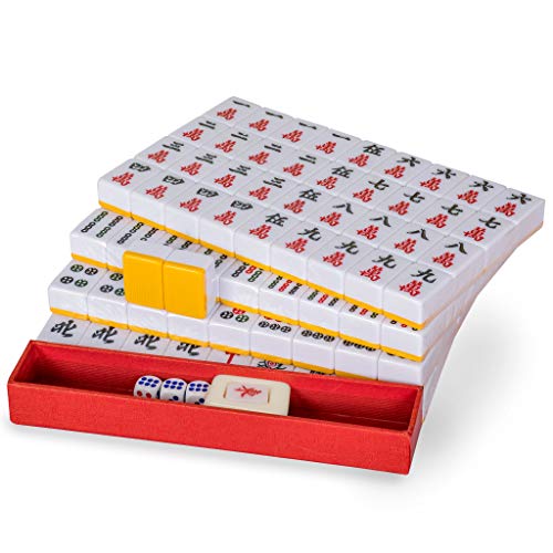 Yellow Mountain Imports Juego Profesional de Mahjong Chino - Doble Felicidad (Amarillo) - con 146 Fichas de Tamaño Medio, 3 Dados y un Indicador de Viento - Para Jugar al Estilo Chino