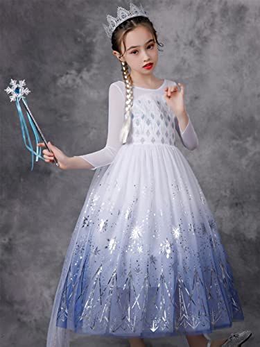 YOSICIL Disfraz Elsa Frozen 2 Vestido Princesa Elsa Lentejuelas Manga Larga Copo de Nieve Brillantes Para Navidad Carnaval Fiesta Cumpleaños con Accesorios 3-9 Años