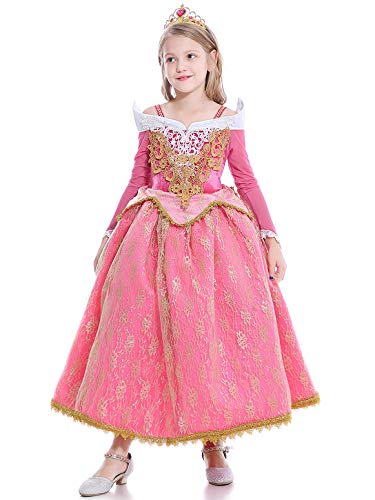 YOSICIL Niñas Disfraz Princesa Aurora Rosa Traje de Bella Durmiente Vestido De Princesa Cosplay de la Bella Durmiente para Navidad Fiesta Vestido Elegante Cumpleaños Boda 3 a 10 años