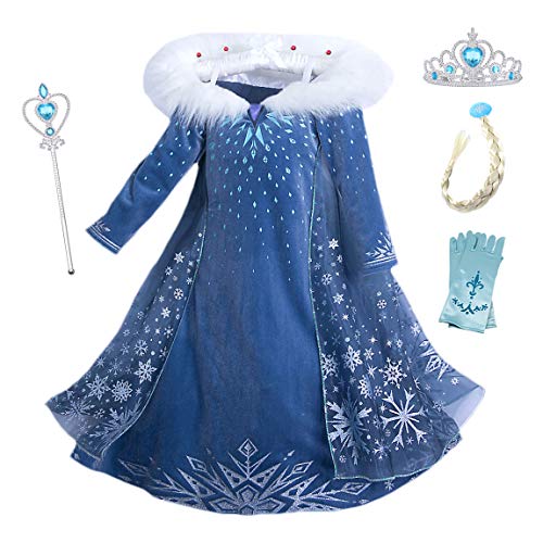 YOSICIL Vestido Elsa con Capa Disfraz de Princesa de Invierno Niñas Manga Larga Vestido Frozen Nieve Traje de Fiesta Costume Princesa Anna para Regalo Cumpleaños Boda Vestido Largo 3-10Años