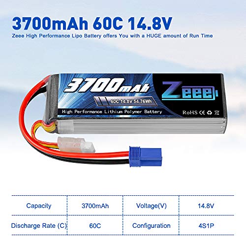 Zeee 4S Lipo Batería 14.8V 60C 3700mAh RC Batería con Conector EC5 para UAV Drones FPV Road Bike Quadcopters Avión Helicóptero RC Barco Coche RC (2 Paquetes)