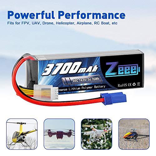 Zeee 4S Lipo Batería 14.8V 60C 3700mAh RC Batería con Conector EC5 para UAV Drones FPV Road Bike Quadcopters Avión Helicóptero RC Barco Coche RC (2 Paquetes)