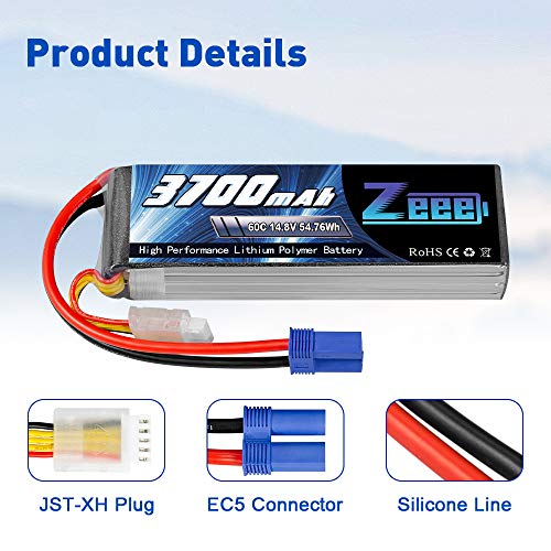 Zeee 4S Lipo Batería 14.8V 60C 3700mAh RC Batería con Conector EC5 para UAV Drones FPV Road Bike Quadcopters Avión Helicóptero RC Barco Coche RC (2 Paquetes)