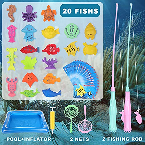 ZWOOS Juguete de Pesca para Niño 24 Piezas Juguete de Pesca Magnético con Caña Flotando Peces y Tarjeta para NiñosJuego de Pesca para Baño y Deportes al Aire Libre para Bebe