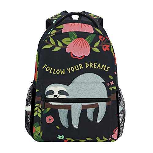 ZZKKO Funny Sloth on Tree Branches Follow Your Dreams Mochilas de colegio, bolsa de libros, viajes, senderismo, camping, mochila