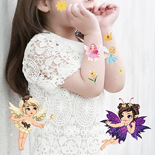 10 Hojas Tatuajes Temporales para Niñas, Glitter Flash Tatuajes Falso de Flor Hada Princesa para Cumpleaños de Infantiles Fiesta