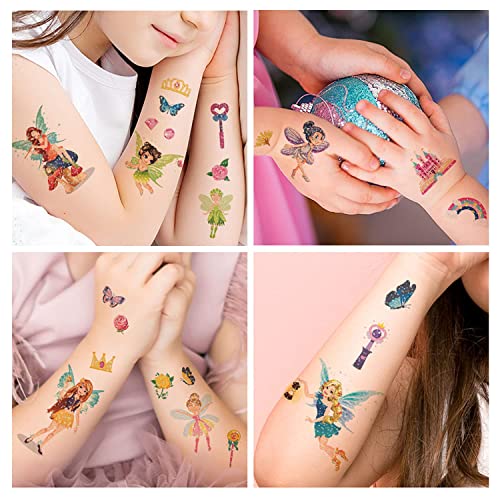 10 Hojas Tatuajes Temporales para Niñas, Glitter Flash Tatuajes Falso de Flor Hada Princesa para Cumpleaños de Infantiles Fiesta