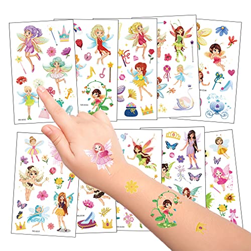 10 Hojas Tatuajes Temporales para Niñas, Glitter Flash Tatuajes Falso de Flor Hada Princesa para Cumpleaños de Infantiles Fiesta