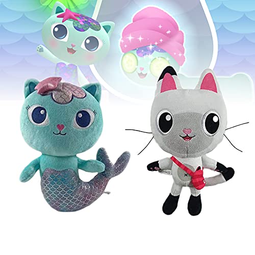 1/2 Piezas Gabbys Dollhouse Gato de Peluche de Juguete, muñeco de Peluche Mercat Almohada de Peluche Suave para niños niñas Regalos fanáticos de Dibujos Animados (Pandy Paws+Mercat)