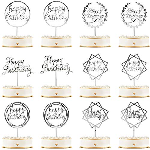 12 Piezas Topper de Pastel de Happy Birthday Topper de Magdalena de Cumpleraños Acrílico Decoraciones de Palo de Pastel para Fiesta Cumpleaños, 6 Estilos (Plata)