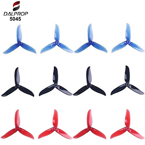 12pcs 5045 hélices de 3 láminas 5 Pulgadas Tri Blade Props para 2204 2205 2206-2306 Motores sin escobillas FPV Racing Drone Quadcopter (Transparente-Rojo, Negro, Azul-Transparente)