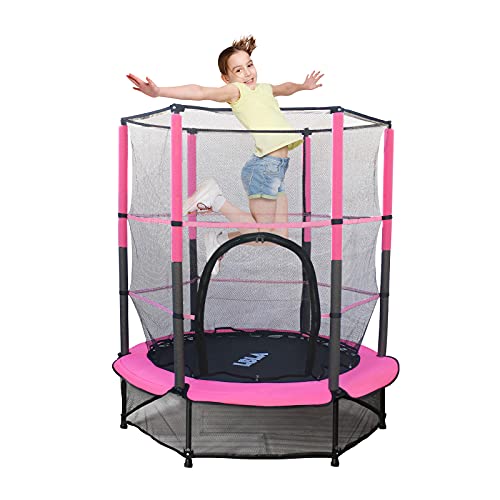 Ø139cm Trampolín para Niños Trampolín Grande De Fitness para Niños con Red De Seguridad y Cubierta De Marco Puente De Rebote De Acero Seguro y Duradero para Interiores y Exteriores (Rosado)