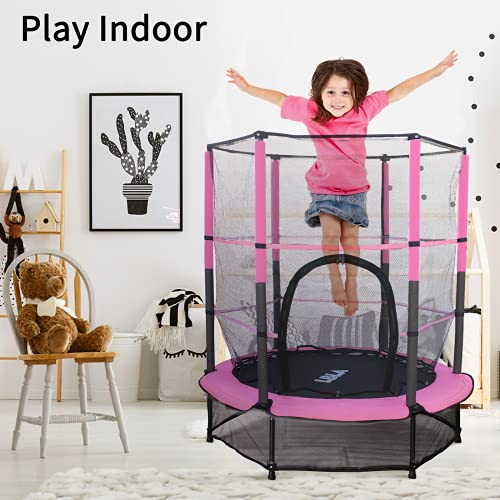 Ø139cm Trampolín para Niños Trampolín Grande De Fitness para Niños con Red De Seguridad y Cubierta De Marco Puente De Rebote De Acero Seguro y Duradero para Interiores y Exteriores (Rosado)