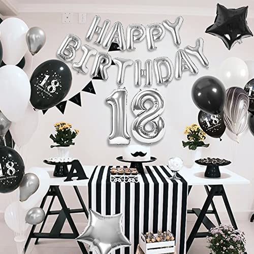 18er Cumpleaños Globos Blanco y Negro, Globos de Feliz Cumpleaños Decoración 18 Años, Blanco y Negro Globo Fiesta Decoración con Mantel, Globos de ágata y Globos de 18 para Hombres y Mujeres Adultos