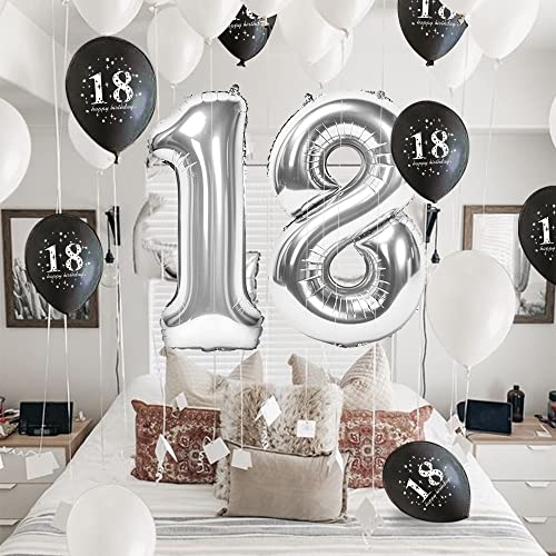 18er Cumpleaños Globos Blanco y Negro, Globos de Feliz Cumpleaños Decoración 18 Años, Blanco y Negro Globo Fiesta Decoración con Mantel, Globos de ágata y Globos de 18 para Hombres y Mujeres Adultos