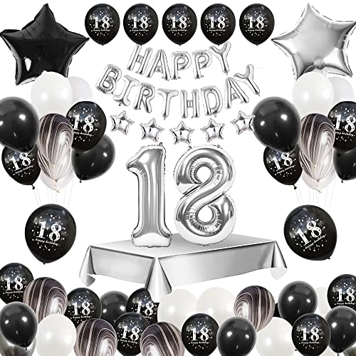 18er Cumpleaños Globos Blanco y Negro, Globos de Feliz Cumpleaños Decoración 18 Años, Blanco y Negro Globo Fiesta Decoración con Mantel, Globos de ágata y Globos de 18 para Hombres y Mujeres Adultos